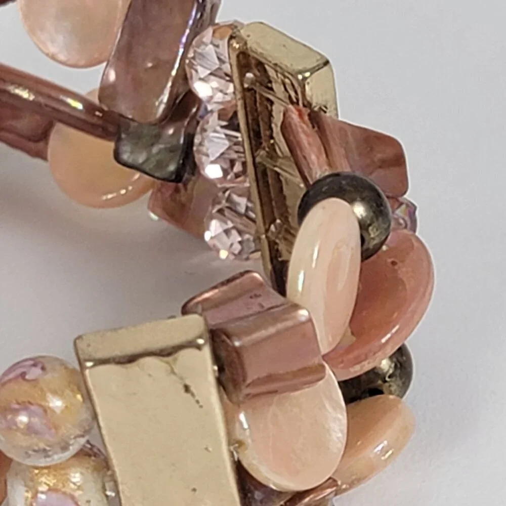 Gold Tone Pink Mother Of Pearl And Millefiori Glass Beaded Stretch Bracelet 7 In - Picture 5 of 7